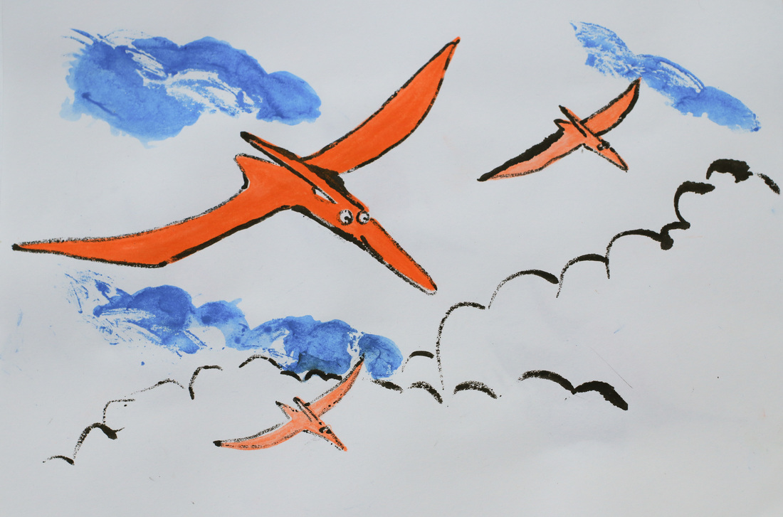 Pterodacyl print in ink and inktense