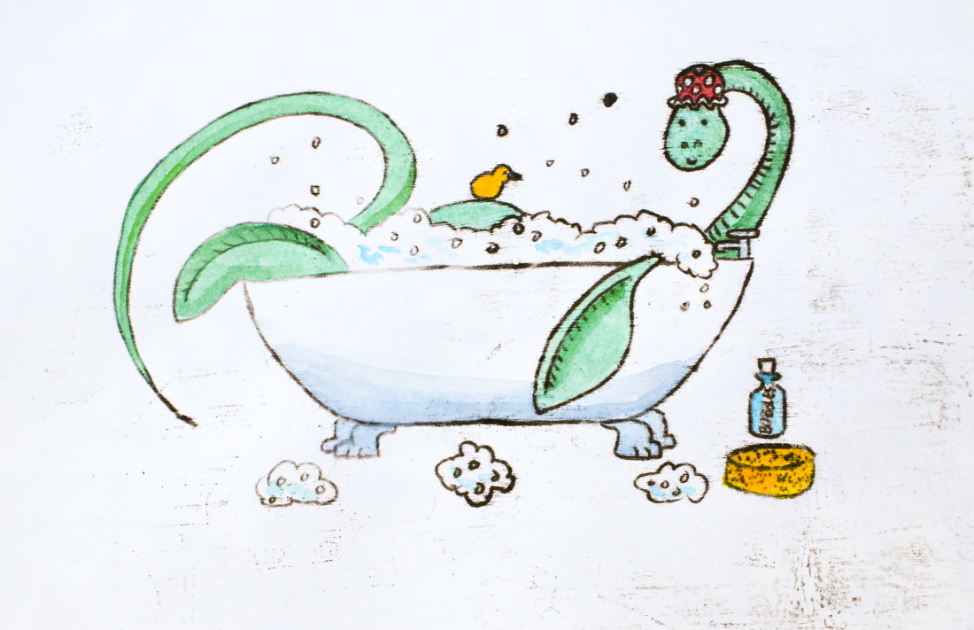 Plesiosaur in the bath, oil transfer with watercolour