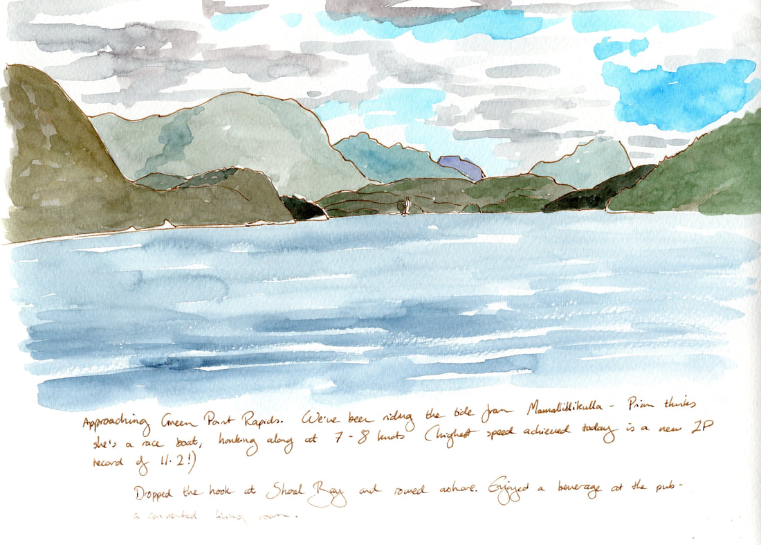 Travel sketching Green Point Rapids- art on a boat by Andrea England
