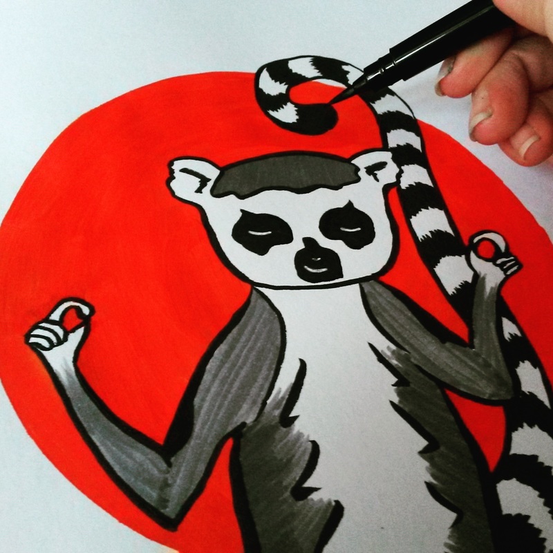 Andrea England Art- meditating lemur. Stencil, ink and Pitt pens