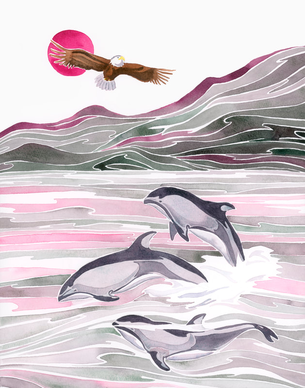 Bald eagle and pacific white-sided dolphins watercolor painting